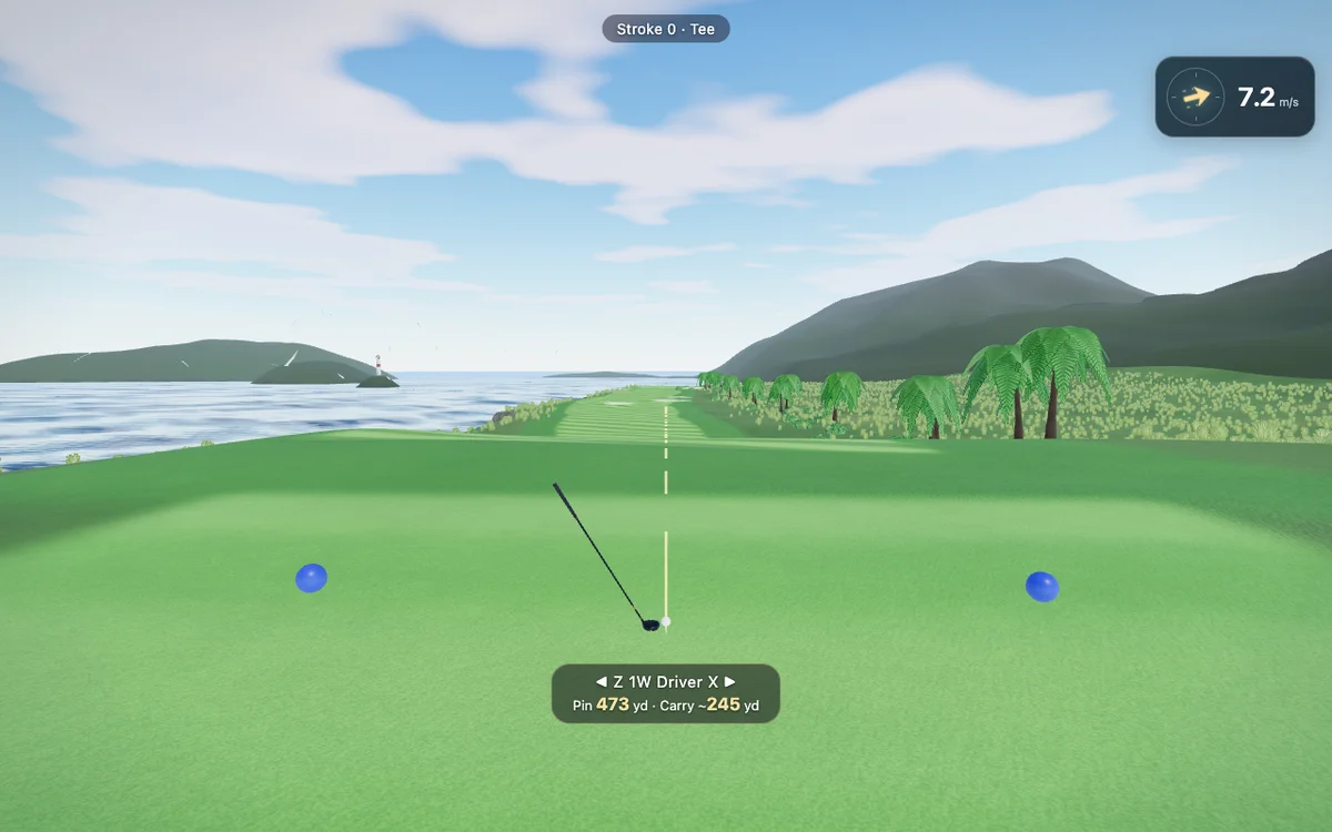 海を望むコースでショットを打つChill Golfのプレイ画面